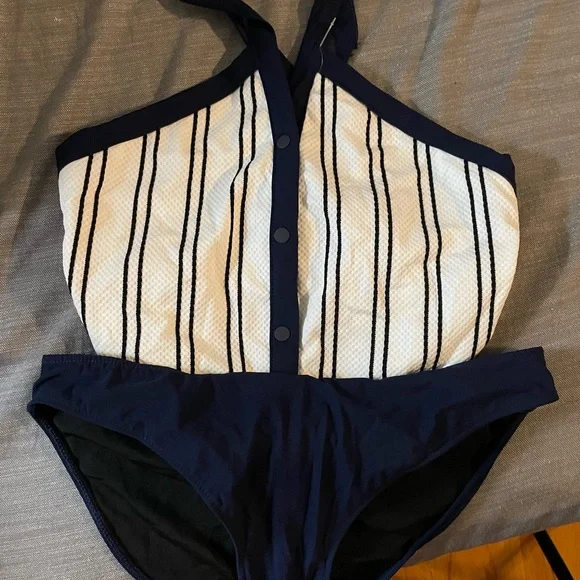 Jonathan Simkhai Navy and White Striped Swimwear - Picture 3 of 5